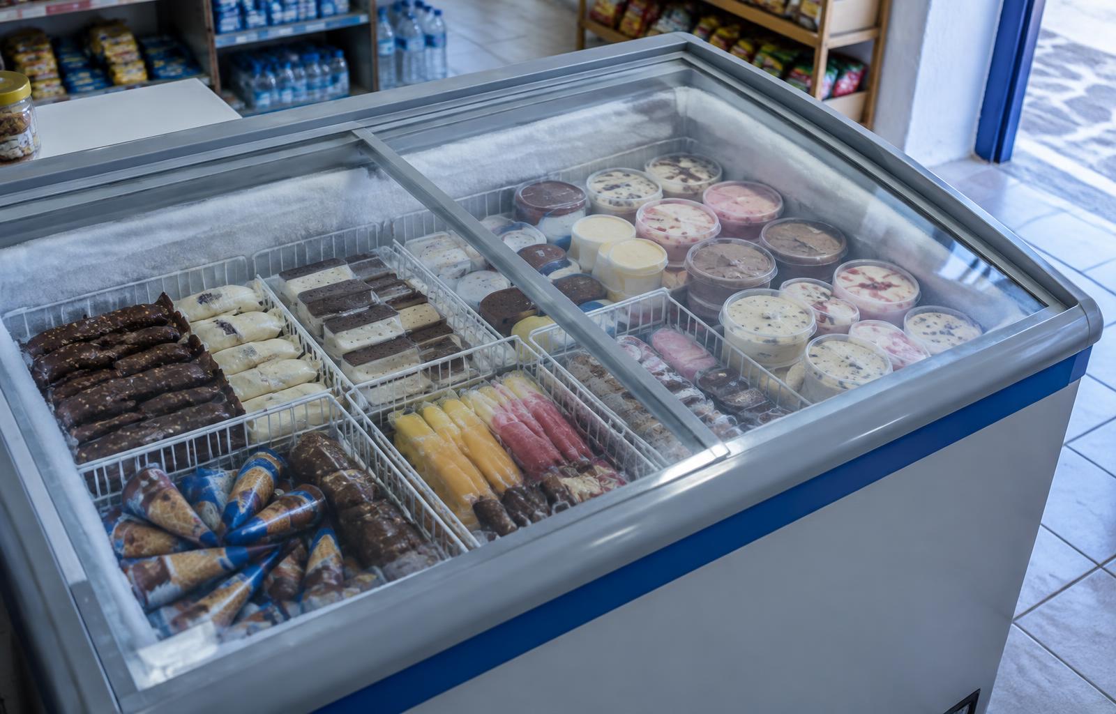 Illustrative ice-cream freezer in a small shop